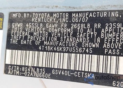 2007 Toyota Camry Se V6 z USA, uszkodzony, nr VIN 4T1BK46K97U556745